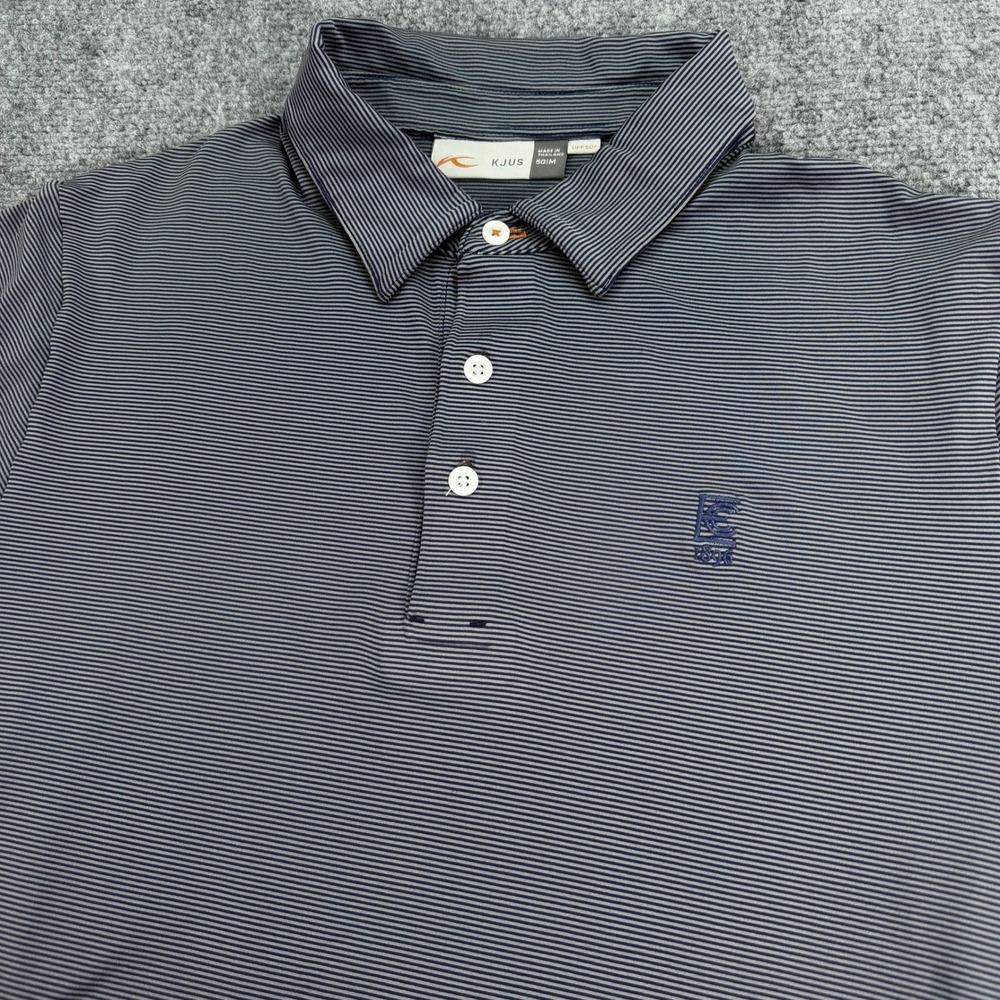 Kjus Polo Shirt Men Medium Gray Navy Stripe Performance Exmoor Country Club 1896 - Picture 1 of 14